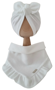 KOMPLET TURBAN POJEDYNCZY MOTYLEK  I CHUSTA Z FALBANKĄ Wafelek Biel
