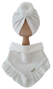 KOMPLET TURBAN POJEDYNCZY DONUT  I CHUSTA Z FALBANKĄ Wafelek Biel