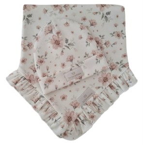 KOMPLET PRINCESSKA CZAPKA WYWIJANA I CHUSTA Z FALBANKĄ Magnolie na Bieli