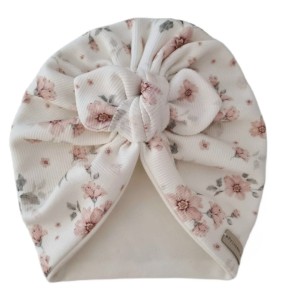 TURBAN PRĄŻEK MOTYLEK PODWÓJNY Magnolie na Bieli i Śmietankowa Biel