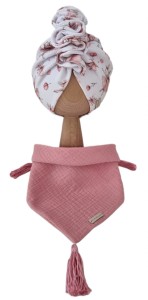 KOMPLET TURBAN PODWÓJNY PRĄŻEK Z OZDOBNĄ FALBANKĄ Baletnice I CHUSTA Muślinowa Pudrowy Róż Z CHWOSTAMI Róż