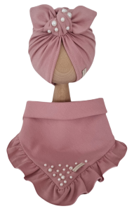 KOMPLET Z KORALIKAMI TURBAN POJEDYNCZY I CHUSTA Z FALBANKĄ Pudrowy Róż 