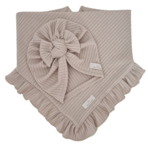 KOMPLET TURBAN POJEDYNCZY SUPEŁEK  I CHUSTA Z FALBANKĄ sweterek prążek Jasny Beż