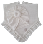 KOMPLET TURBAN POJEDYNCZY DONUT I CHUSTA Z FALBANKĄ sweterek prążek Ecru