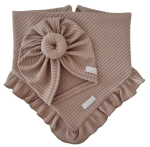 KOMPLET TURBAN POJEDYNCZY DONUT I CHUSTA Z FALBANKĄ sweterek prążek Ciemny Beż