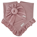 KOMPLET TURBAN POJEDYNCZY DONUT I CHUSTA Z FALBANKĄ sweterek prążek Pudrowy Róż