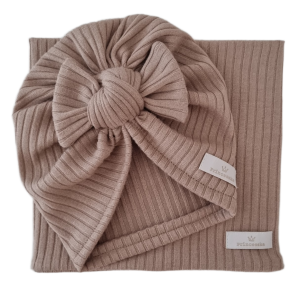 KOMPLET TURBAN SUPEŁEK I KOMIN sweterek prążek Ciemny Beż