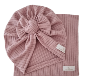 KOMPLET TURBAN SUPEŁEK I KOMIN sweterek prążek Pudrowy Róż