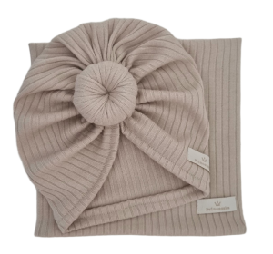 KOMPLET TURBAN DONUT I KOMIN sweterek prążek Jasny Beż