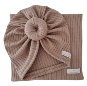 KOMPLET TURBAN DONUT I KOMIN sweterek prążek Ciemny Beż