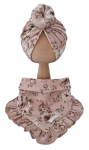 KOMPLET TURBAN POJEDYNCZY DONUT I CHUSTA Z FALBANKĄ Vintage Flowers Róż