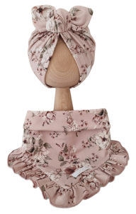 KOMPLET TURBAN POJEDYNCZY MOTYLEK  I CHUSTA Z FALBANKĄ Vintage Flowers Róż