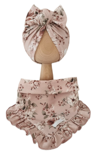 KOMPLET TURBAN POJEDYNCZY SUPEŁEK  I CHUSTA Z FALBANKĄ Vintage Flowers Róż