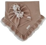 DZIEWCZĘCY KORONKOWY KOMPLET TURBAN FALBANKA  I CHUSTA Z FALBANKĄ sweterek prążek Ciemny Beż