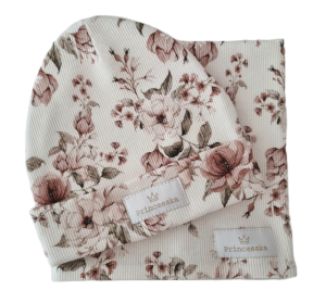 KOMPLET PRINCESSKA CZAPKA WYWIJANA I KOMIN Vintage Flowers Biel