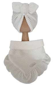 VELVET PRĄŻEK KOMPLET TURBAN MOTYLEK I CHUSTA Z FALBANKĄ Ecru 