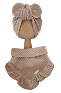 VELVET PRĄŻEK KOMPLET TURBAN SPLOTKA I CHUSTA Z FALBANKĄ Ciemny Beż 