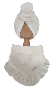 VELVET PRĄŻEK KOMPLET TURBAN PODWÓJNY Z OZDOBNĄ FALBANKĄ I CHUSTA Z FALBANKĄ Ecru 