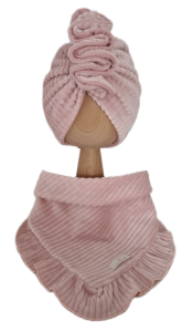 VELVET PRĄŻEK KOMPLET TURBAN PODWÓJNY Z OZDOBNĄ FALBANKĄ I CHUSTA Z FALBANKĄ Róż