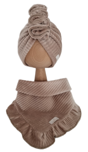 VELVET PRĄŻEK KOMPLET TURBAN PODWÓJNY Z OZDOBNĄ FALBANKĄ I CHUSTA Z FALBANKĄ Ciemny Beż