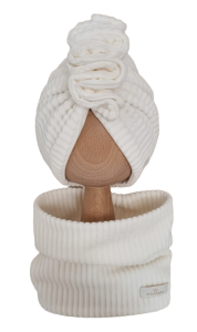 VELVET PRĄŻEK KOMPLET TURBAN PODWÓJNY Z OZDOBNĄ FALBANKĄ I KOMIN Ecru 