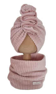 VELVET PRĄŻEK KOMPLET TURBAN PODWÓJNY Z OZDOBNĄ FALBANKĄ I KOMIN Róż 