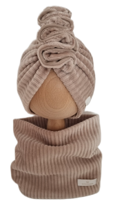 VELVET PRĄŻEK KOMPLET TURBAN PODWÓJNY Z OZDOBNĄ FALBANKĄ I KOMIN Ciemny Beż 