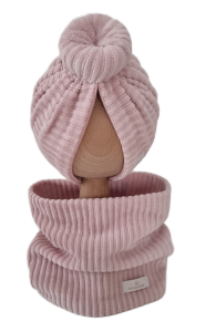 VELVET PRĄŻEK KOMPLET TURBAN PODWÓJNY DONUT I KOMIN Róż 