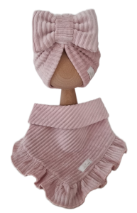 VELVET PRĄŻEK KOMPLET TURBAN PODWÓJNY KOKARDA I CHUSTA Z FALBANKĄ Róż 