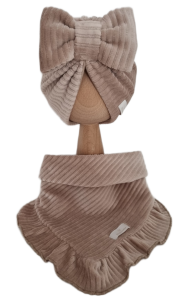VELVET PRĄŻEK KOMPLET TURBAN PODWÓJNY KOKARDA I CHUSTA Z FALBANKĄ Ciemny Beż