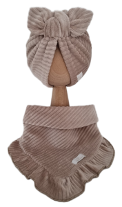 VELVET PRĄŻEK KOMPLET TURBAN PODWÓJNY MOTYLEK I CHUSTA Z FALBANKĄ Ciemny Beż