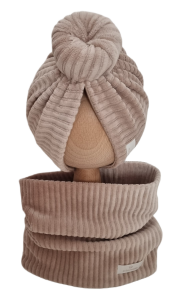 VELVET PRĄŻEK KOMPLET TURBAN PODWÓJNY DONUT I KOMIN Ciemny Beż