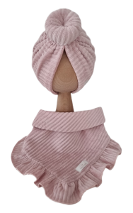 VELVET PRĄŻEK KOMPLET TURBAN PODWÓJNY DONUT I CHUSTA Z FALBANKĄ Róż