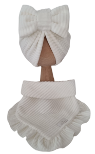 VELVET PRĄŻEK KOMPLET TURBAN PODWÓJNY KOKARDA I CHUSTA Z FALBANKĄ Ecru