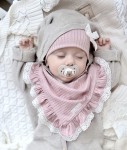 DZIEWCZĘCY KOMPLET CZAPKA Z KOKARDKĄ I CHUSTA Z KORONKOWĄ FALBANKĄ sweterek prążek Pudrowy Róż