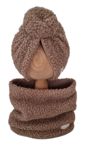 KOMPLET TURBAN DONUT BOUCLE I KOMIN Ciemny Beż