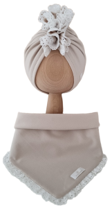 KOMPLET TURBAN POJEDYNCZY FALBANKA I CHUSTA Z KORONKĄ Jasny Beż