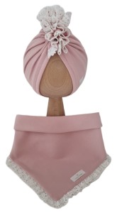 KOMPLET TURBAN POJEDYNCZY FALBANKA I CHUSTA Z KORONKĄ Jasny Róż