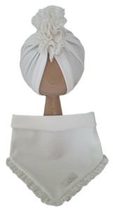 KOMPLET TURBAN POJEDYNCZY FALBANKA I CHUSTA Z KORONKĄ Śmietankowa Biel  