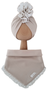 KOMPLET TURBAN PODWÓJNY FALBANKA I CHUSTA Z KORONKĄ Jasny Beż