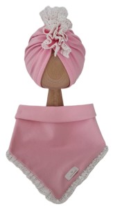 KOMPLET TURBAN POJEDYNCZY FALBANKA I CHUSTA Z KORONKĄ Róż