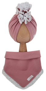 KOMPLET TURBAN POJEDYNCZY FALBANKA I CHUSTA Z KORONKĄ Pudrowy Róż