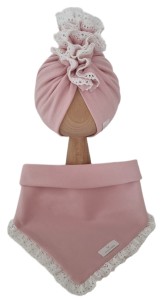 KOMPLET TURBAN PODWÓJNY FALBANKA I CHUSTA Z KORONKĄ Jasny Róż