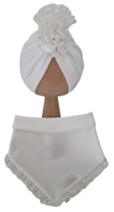 KOMPLET TURBAN PODWÓJNY FALBANKA I CHUSTA Z KORONKĄ Śmietankowa Biel