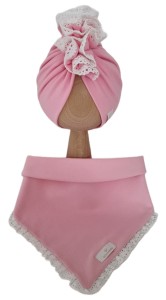 KOMPLET TURBAN PODWÓJNY FALBANKA I CHUSTA Z KORONKĄ Róż