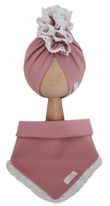 KOMPLET TURBAN PODWÓJNY FALBANKA I CHUSTA Z KORONKĄ Pudrowy Róż