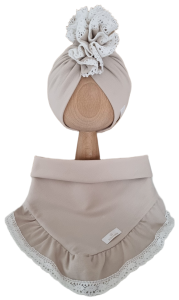 KOMPLET TURBAN PODWÓJNY FALBANKA I CHUSTA Z FALBANKĄ - KORONKA Jasny Beż