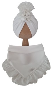 KOMPLET TURBAN PODWÓJNY FALBANKA I CHUSTA Z FALBANKĄ - KORONKA Śmietankowa Biel
