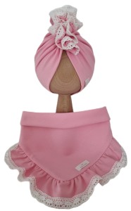 KOMPLET TURBAN PODWÓJNY FALBANKA I CHUSTA Z FALBANKĄ - KORONKA Róż