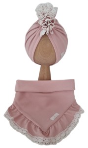 KOMPLET TURBAN POJEDYNCZY FALBANKA I CHUSTA Z FALBANKĄ - KORONKA Jasny Róż